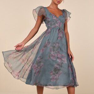 NWT Lulus Mesmerizing Mood Slate Floral Organza Ruffled A-line Midi Dress Grey